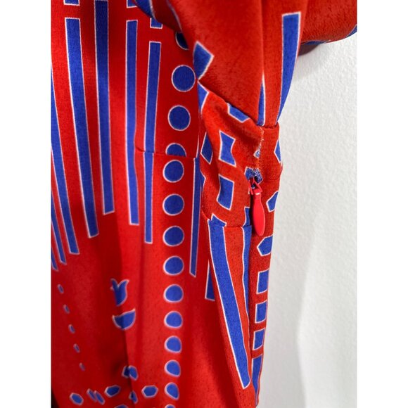 ModCloth Dress Womens 10 Fit and Flare Long Sleeve Pleated Red Blue Print Fall - Picture 6 of 16